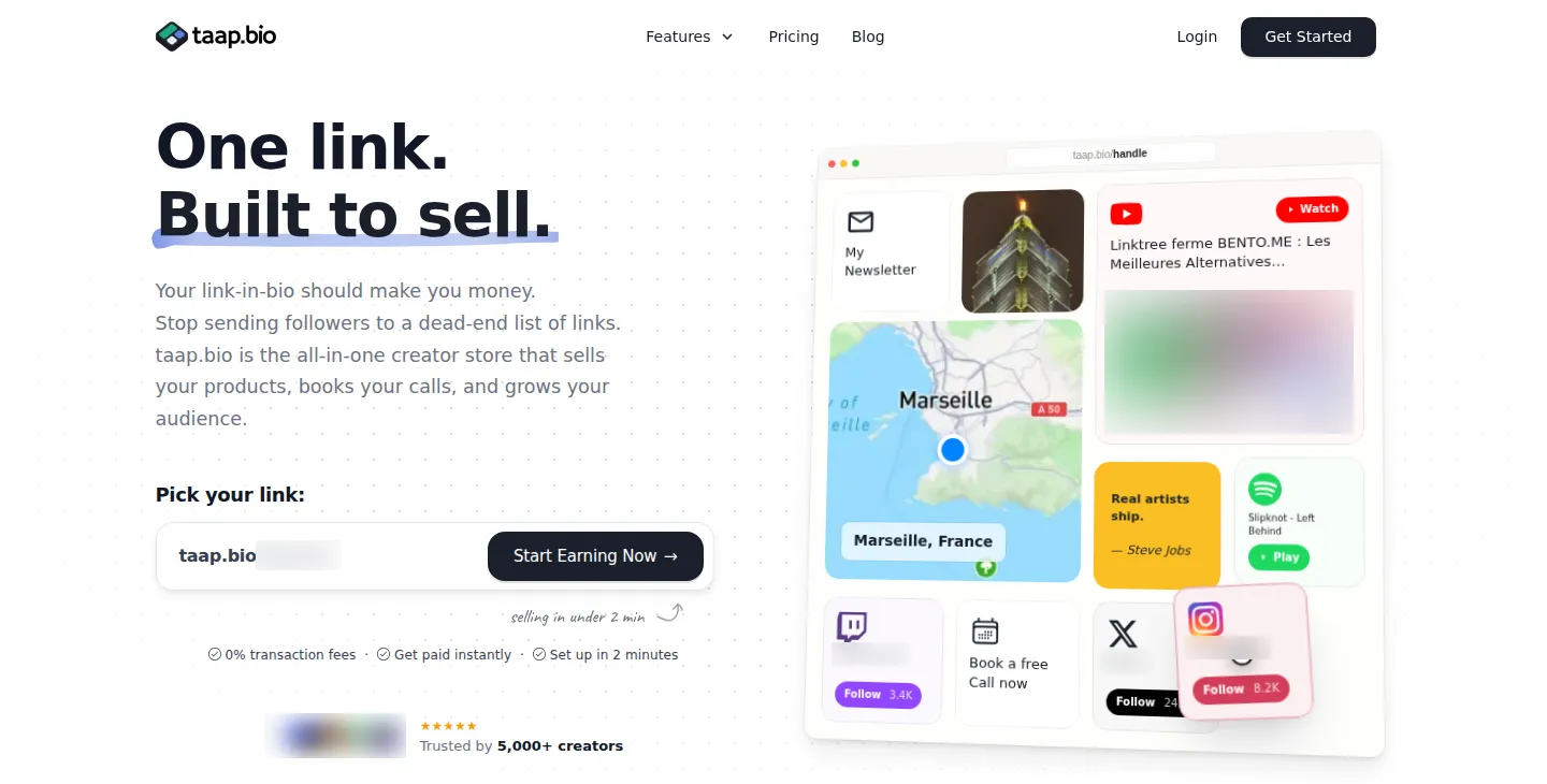 taap.bio 首页,标题为 One link. Built to sell,旁边是一个网格页面样机:一张订阅卡片、一张马赛地图、一段 YouTube 视频、一个 Spotify 播放器和几张社交媒体卡片