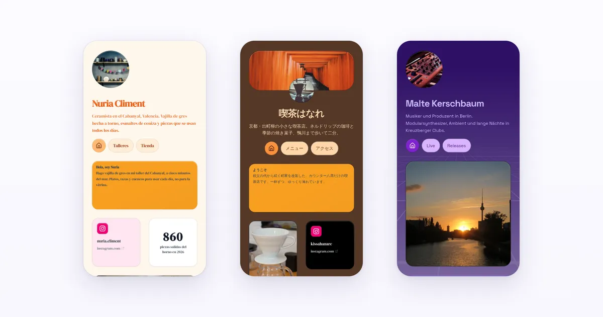 Drei echte Handy-Screenshots von Kasbu-Demoseiten nebeneinander: eine Keramikerin aus Valencia, ein Café in Kyoto und ein Musiker aus Berlin