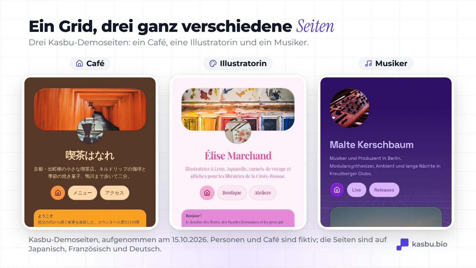Drei Kasbu-Demoseiten auf dem Handy: Kissa Hanare, ein fiktives Café in Kyoto; Élise Marchand, fiktive Illustratorin aus Lyon; Malte Kerschbaum, fiktiver Musiker aus Berlin