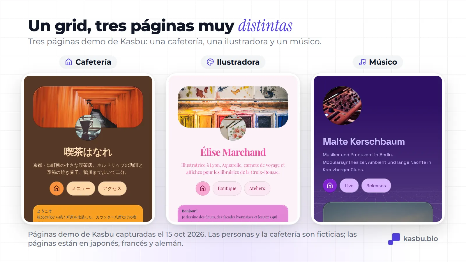Tres páginas demo de Kasbu en el móvil: Kissa Hanare, una cafetería ficticia de Kioto; Élise Marchand, ilustradora ficticia de Lyon; Malte Kerschbaum, músico ficticio de Berlín