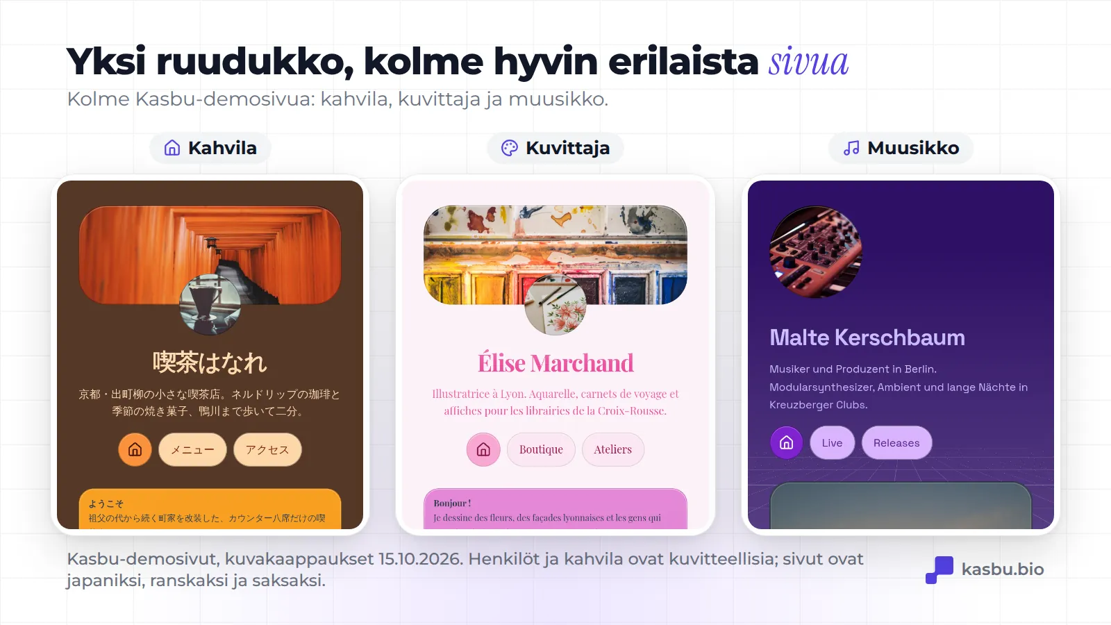 Kolme Kasbu-demosivua puhelimessa: Kissa Hanare, kuvitteellinen kahvila Kiotossa; Élise Marchand, kuvitteellinen kuvittaja Lyonista; Malte Kerschbaum, kuvitteellinen muusikko Berliinistä