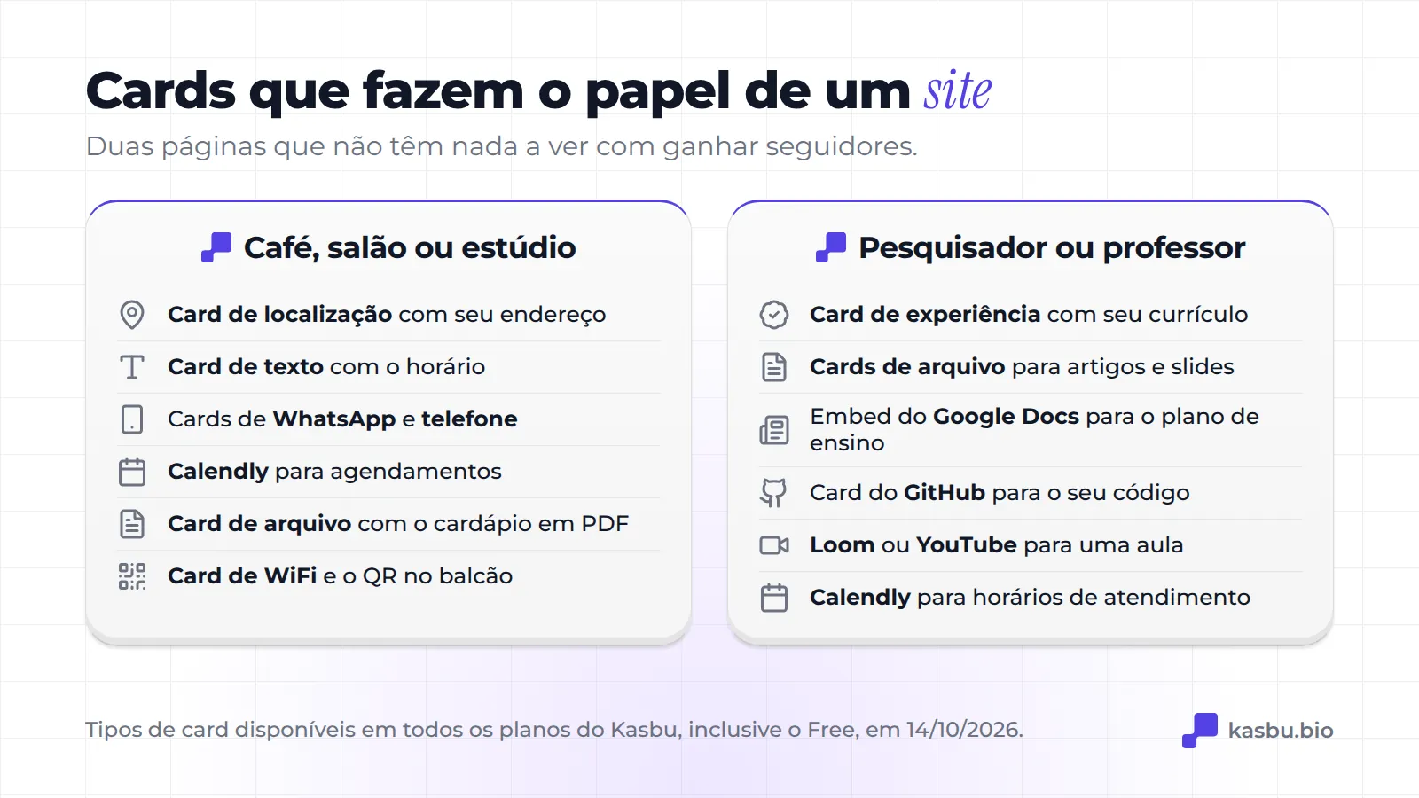 Cards para um café ou estúdio: mapa, card de texto com o horário, WhatsApp e telefone, Calendly, cardápio em PDF e card de WiFi; cards para um pesquisador ou professor: card de experiência, cards de arquivo, Google Docs, GitHub, Loom ou YouTube e Calendly