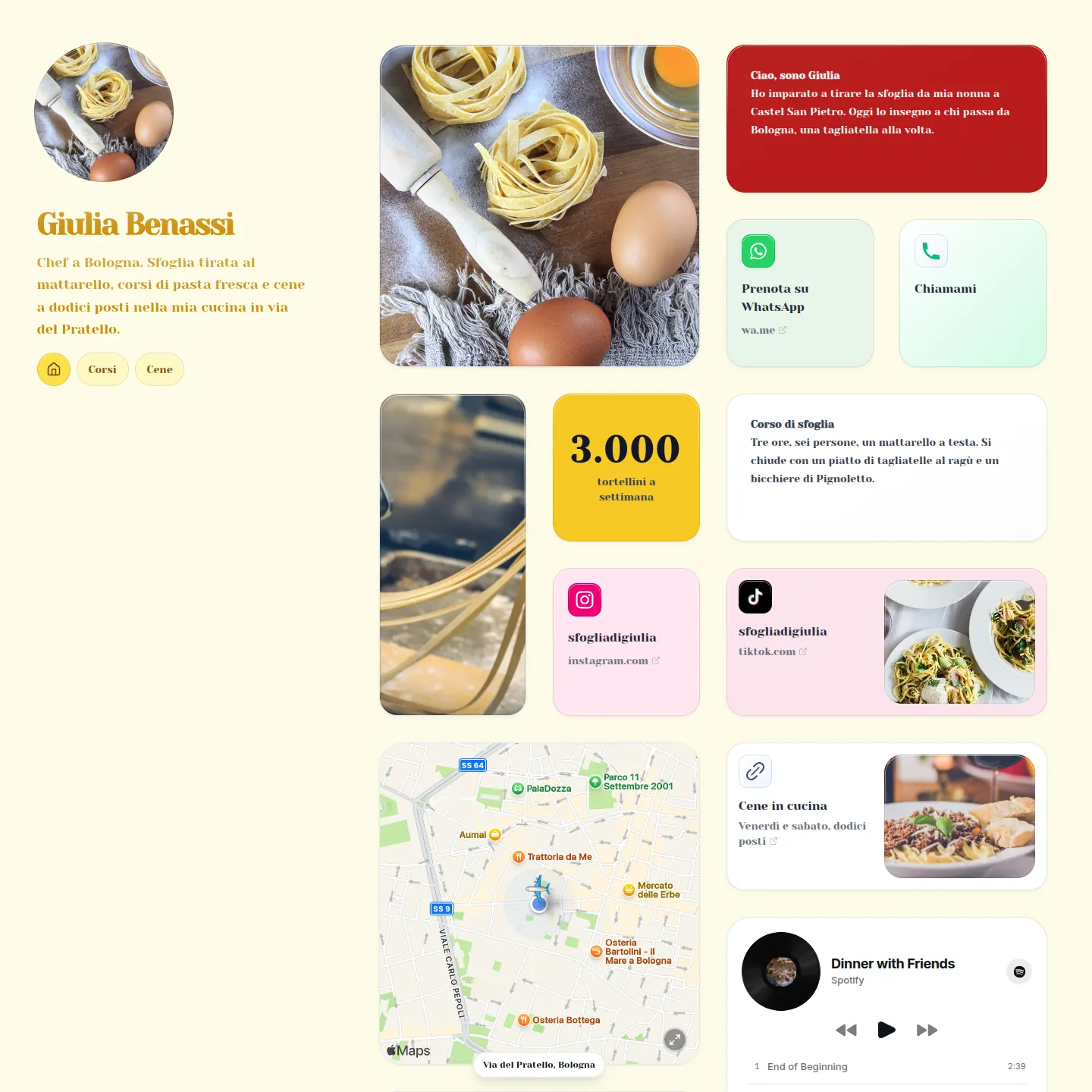 Pagina Kasbu di Giulia Benassi, chef immaginaria a Bologna, con foto di pasta fresca, WhatsApp, TikTok, mappa e Spotify