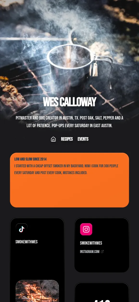On a phone: Kasbu page of Wes Calloway, a fictional BBQ pitmaster in Austin, with a bento grid of photos, TikTok, Instagram, Spotify and a map