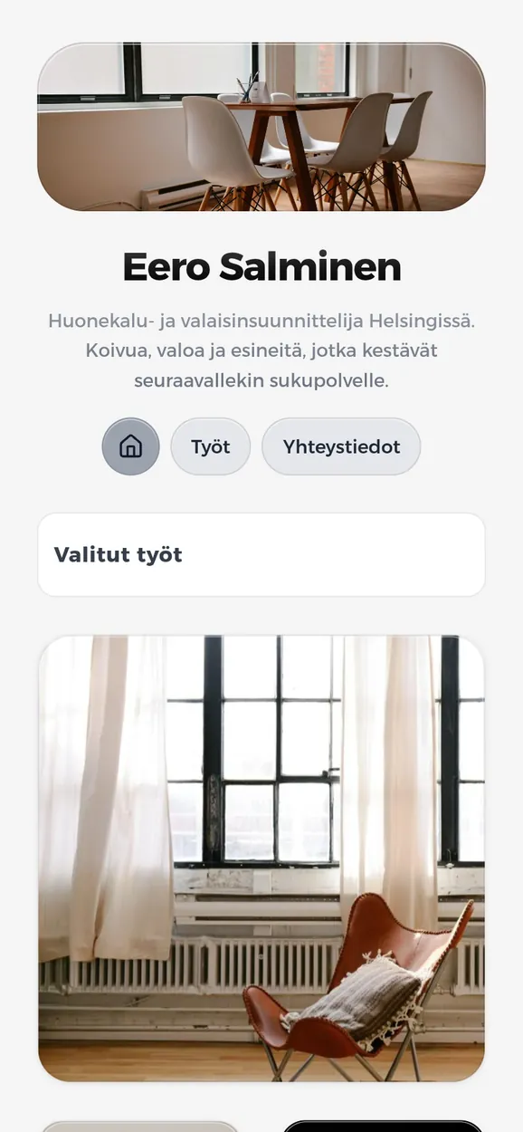 Puhelimessa: Eero Salmisen, kuvitteellisen helsinkiläisen huonekalusuunnittelijan, Kasbu-sivu: kuvia, Behance, LinkedIn, kartta ja Spotify