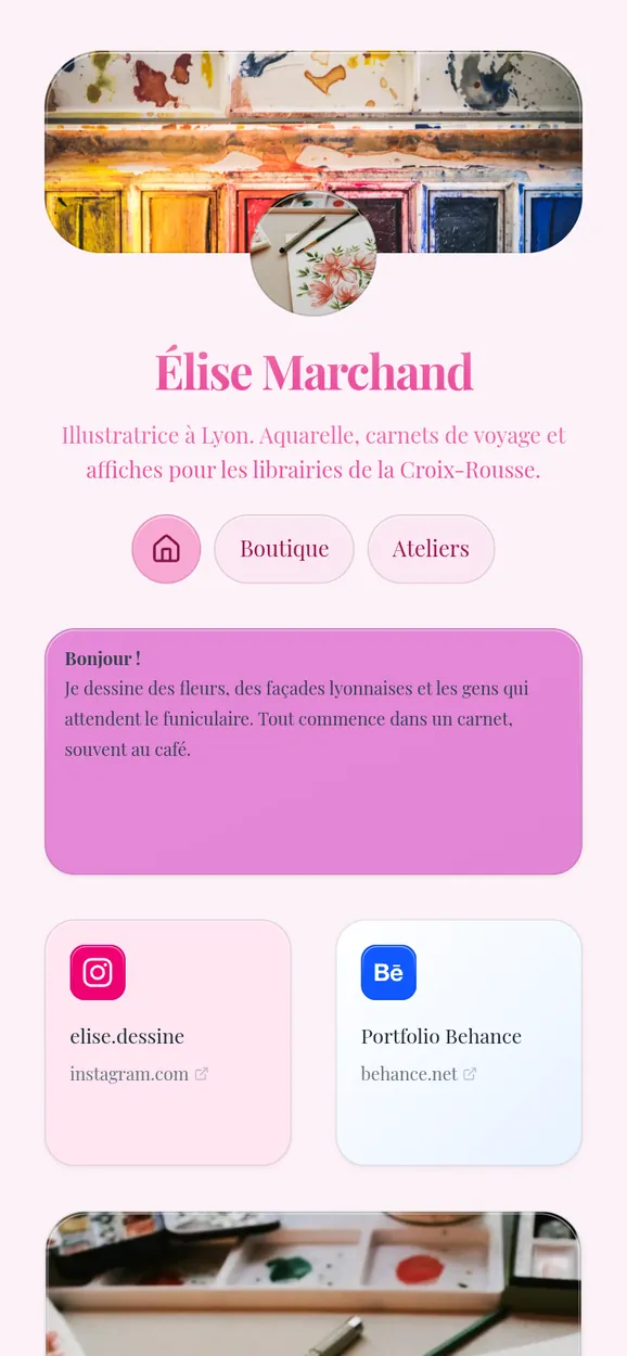 Sur mobile : Page Kasbu d'Élise Marchand, illustratrice fictive à Lyon, avec aquarelles, Instagram, Behance, Spotify et une carte