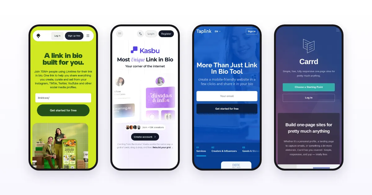 Quattro smartphone affiancati con screenshot reali da mobile delle home page di Linktree, Kasbu, Taplink e Carrd, su sfondo bianco