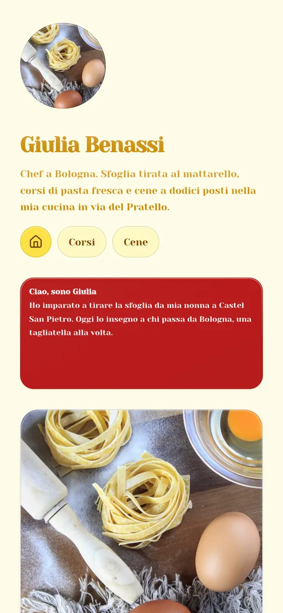 Su smartphone: Pagina Kasbu di Giulia Benassi, chef immaginaria a Bologna, con foto di pasta fresca, WhatsApp, TikTok, mappa e Spotify