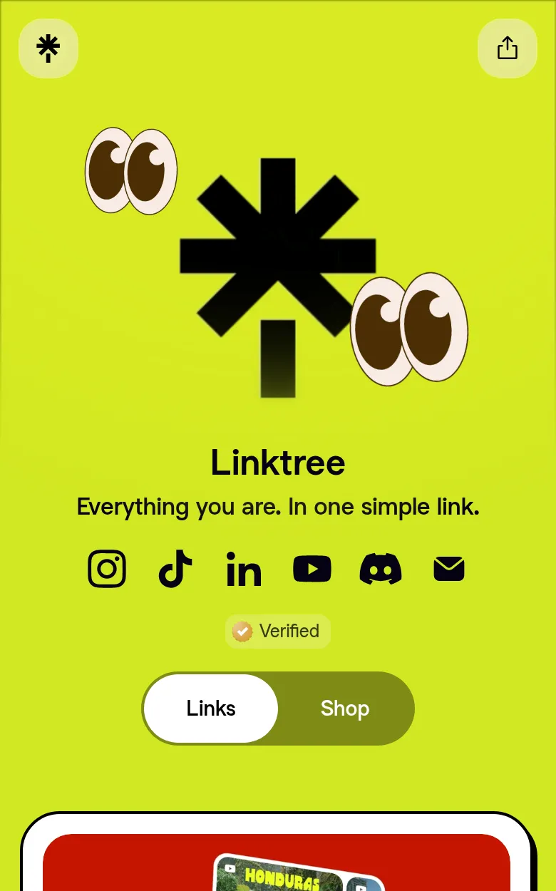 Linktree's official profile on a phone: logo, social icons, Links and Shop tabs and the links stacked in a list