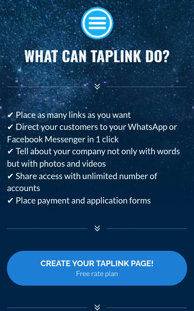 Taplink's official profile on a phone: blocks in a list with the heading What can Taplink do?, a list of features and a button to create a page