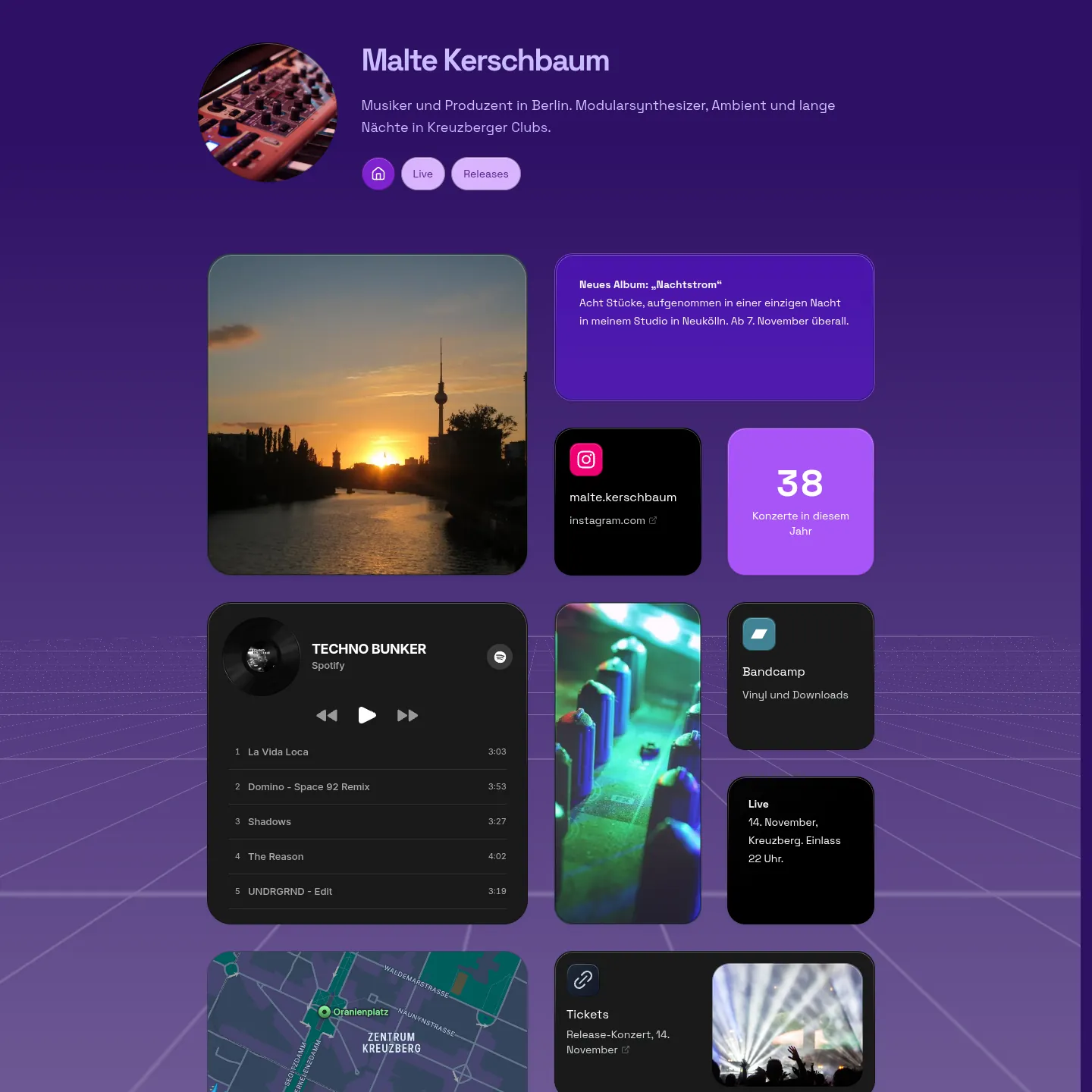 Kasbu-Seite von Malte Kerschbaum, einem fiktiven Musiker aus Berlin, mit Fotos, Spotify, Karte und Ticket-Link
