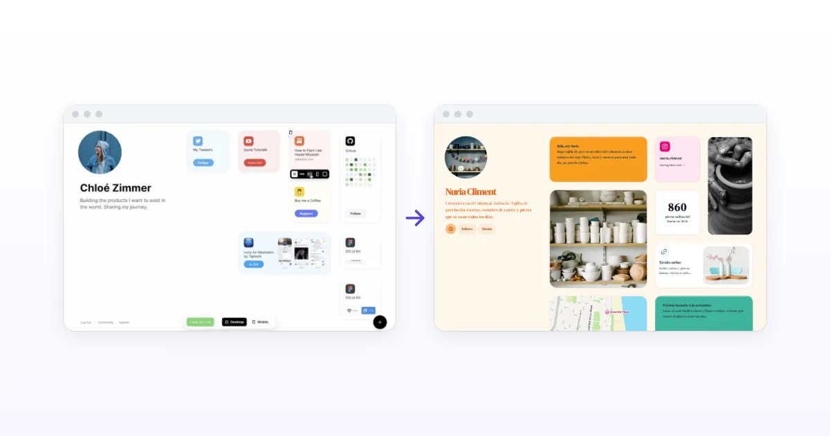 “Rebuild your Bento grid card by card” next to a screenshot of a Kasbu demo page (Wes Calloway, a fictional BBQ pitmaster in Austin), with the labels “36 card types for your widgets” and “Free plan, no time limit”