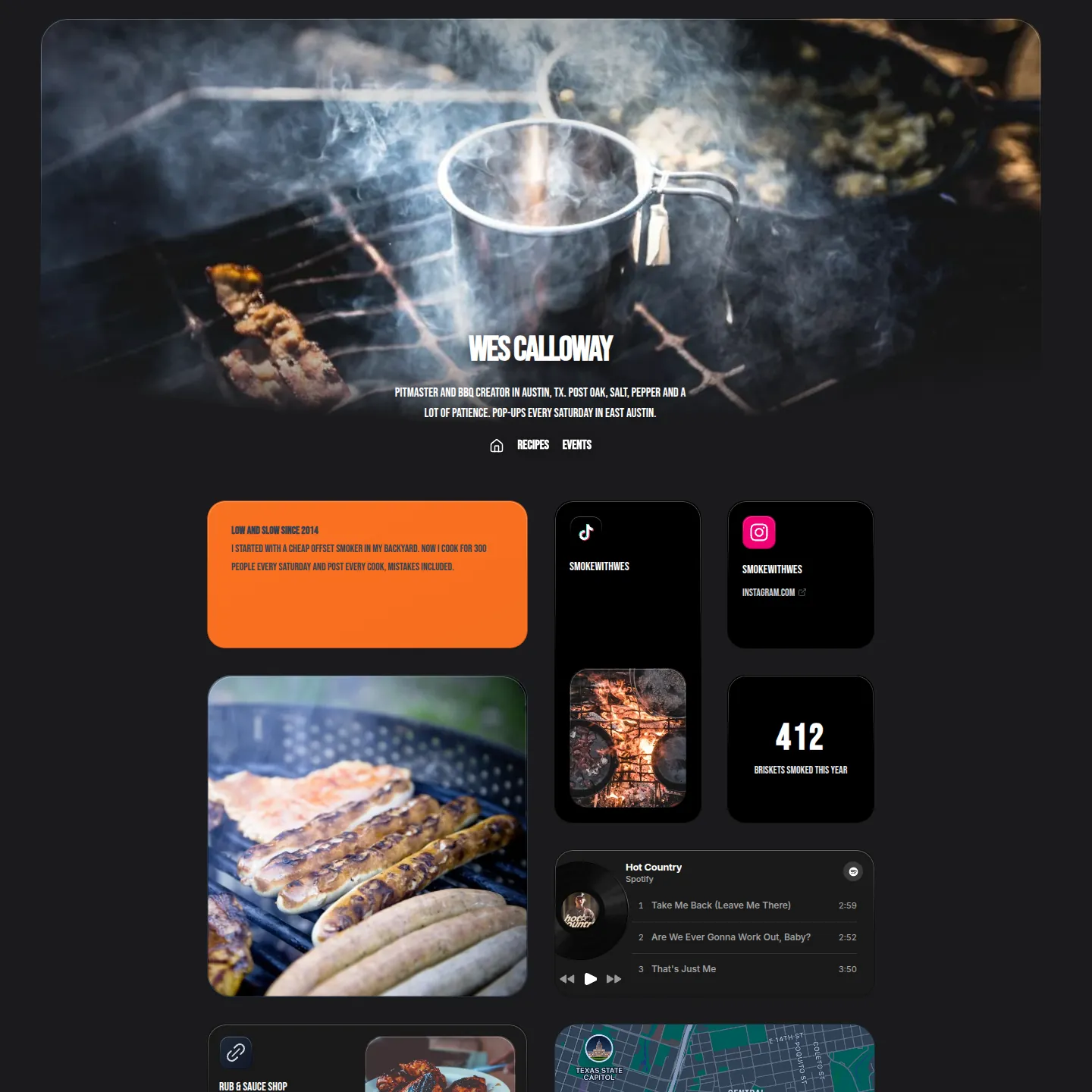 Kasbu page of Wes Calloway, a fictional BBQ pitmaster in Austin, with a bento grid of photos, TikTok, Instagram, Spotify and a map