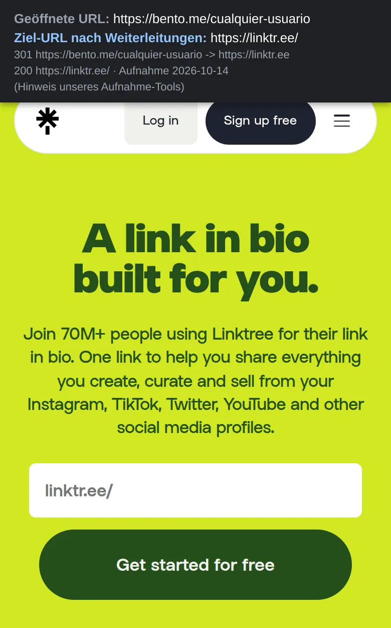 Beim Öffnen von bento.me/cualquier-usuario auf dem Handy landet der Browser auf der Startseite von Linktree, mit dem Slogan A link in bio built for you und dem Registrierungsbutton