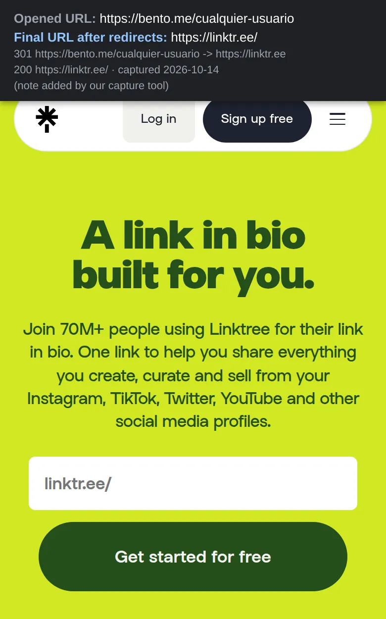Opening bento.me/cualquier-usuario on a phone, the browser ends up on Linktree's homepage, with the tagline A link in bio built for you and the sign-up button