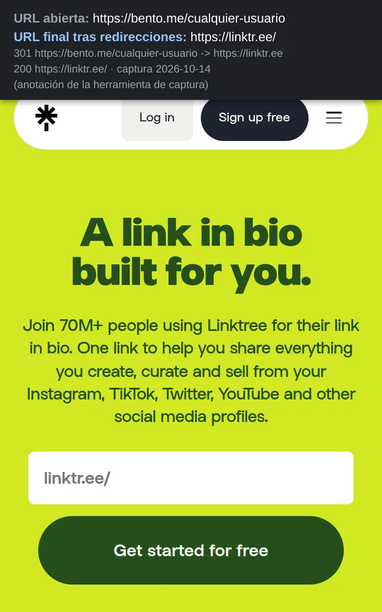 Al abrir bento.me/cualquier-usuario en el móvil, el navegador acaba en la portada de Linktree, con el lema A link in bio built for you y el botón de registro