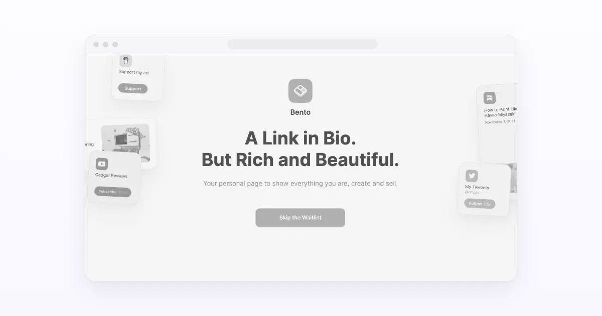 ブラウザウィンドウに表示された、かつてのbento.meトップページ（「A Link in Bio. But Rich and Beautiful.」）のスクリーンショット。モノクロで色あせた状態で、明るい無地の背景の中央に配置