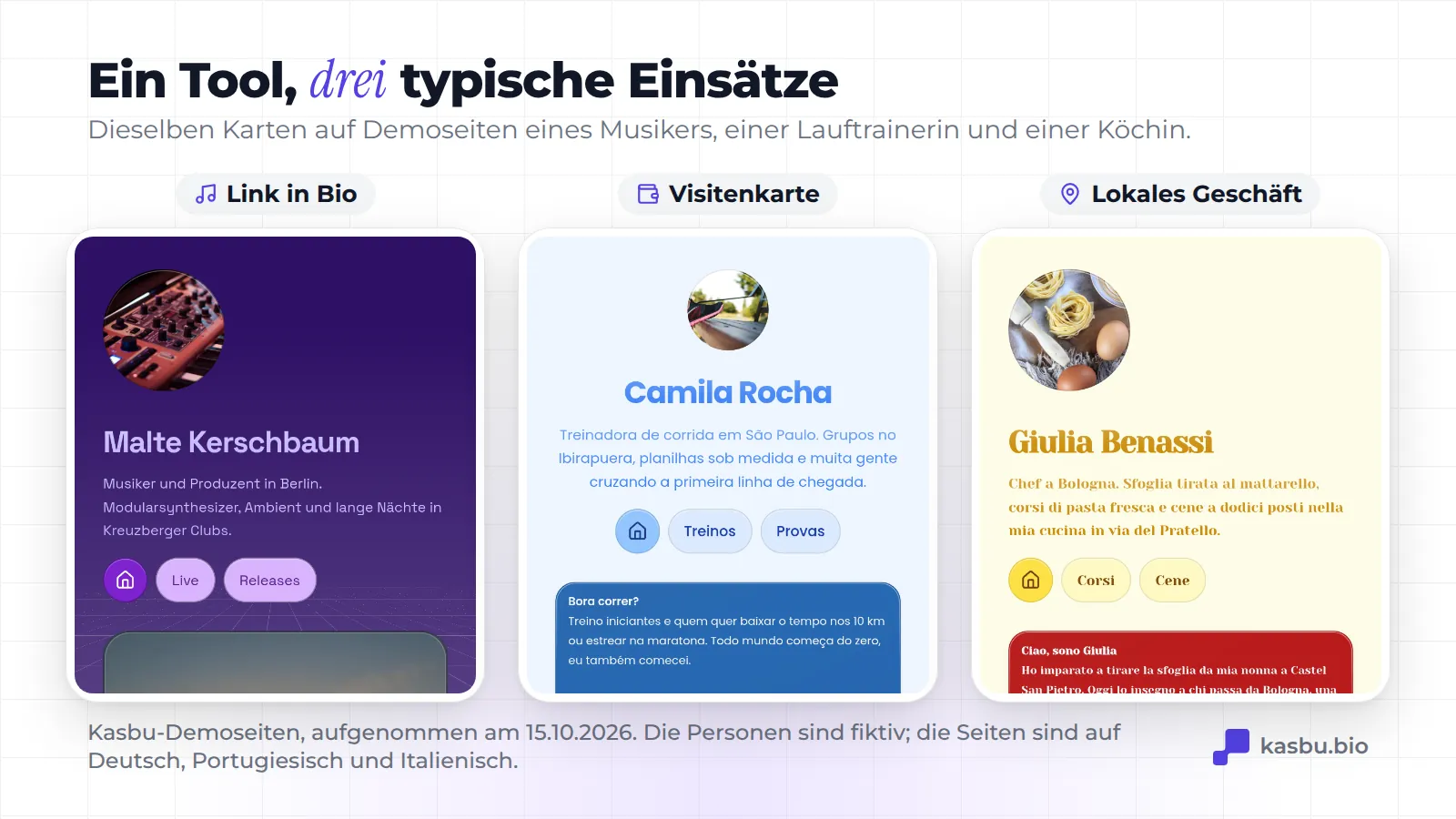 Drei Kasbu-Demoseiten auf dem Handy: Malte Kerschbaum, fiktiver Musiker aus Berlin; Camila Rocha, fiktive Lauftrainerin aus São Paulo; Giulia Benassi, fiktive Köchin aus Bologna