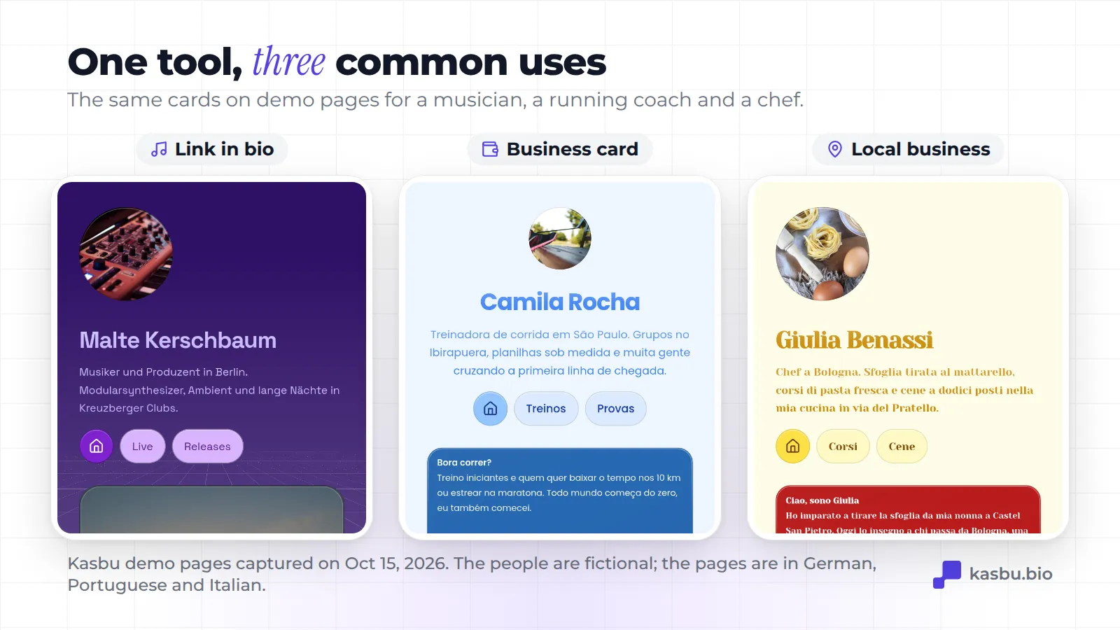 Three Kasbu demo pages on phones: Malte Kerschbaum, a fictional musician in Berlin; Camila Rocha, a fictional running coach in São Paulo; Giulia Benassi, a fictional chef in Bologna
