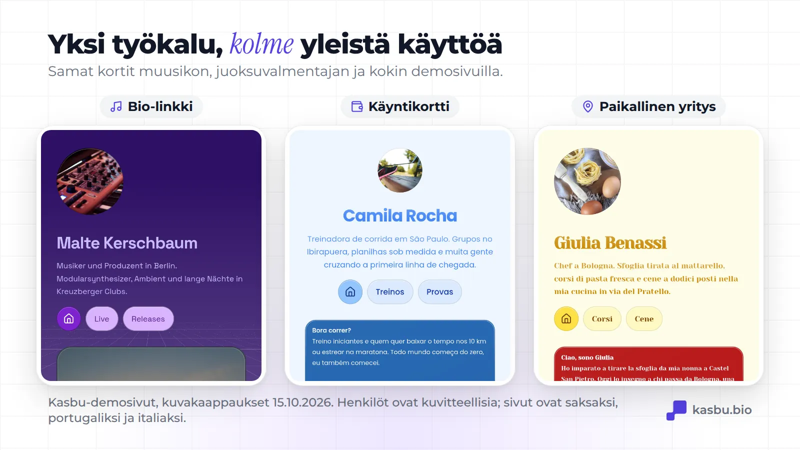 Kolme Kasbu-demosivua puhelimessa: Malte Kerschbaum, kuvitteellinen muusikko Berliinistä; Camila Rocha, kuvitteellinen juoksuvalmentaja São Paulosta; Giulia Benassi, kuvitteellinen kokki Bolognasta