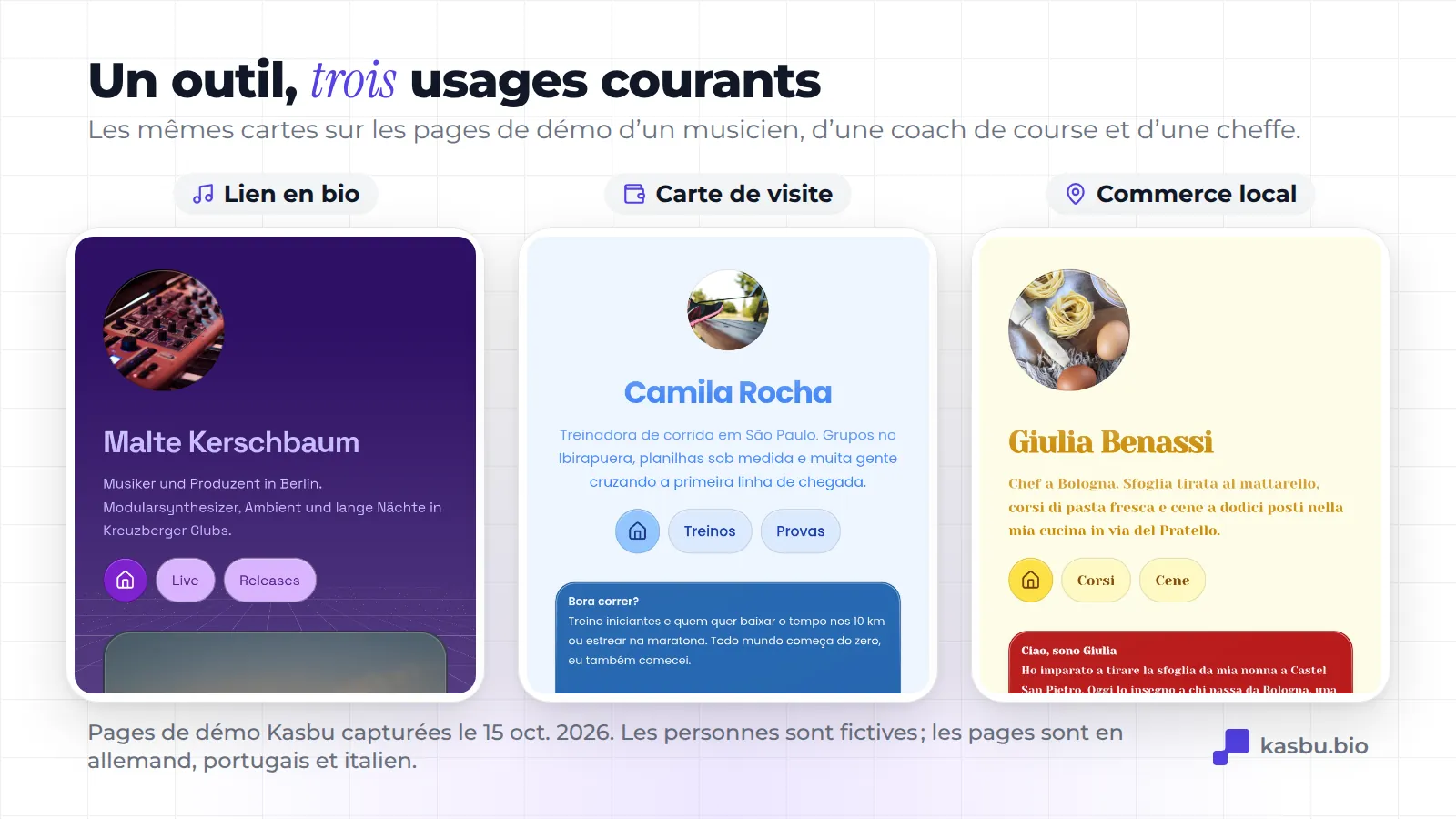 Trois pages de démo Kasbu sur téléphone : Malte Kerschbaum, musicien fictif à Berlin; Camila Rocha, coach de course à pied fictive à São Paulo; Giulia Benassi, cheffe fictive à Bologne