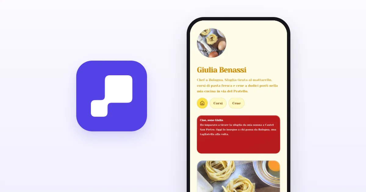 L’icona dell’app Kasbu accanto a uno smartphone con una vera pagina demo Kasbu (Giulia Benassi, chef immaginaria a Bologna) su uno sfondo lavanda tenue