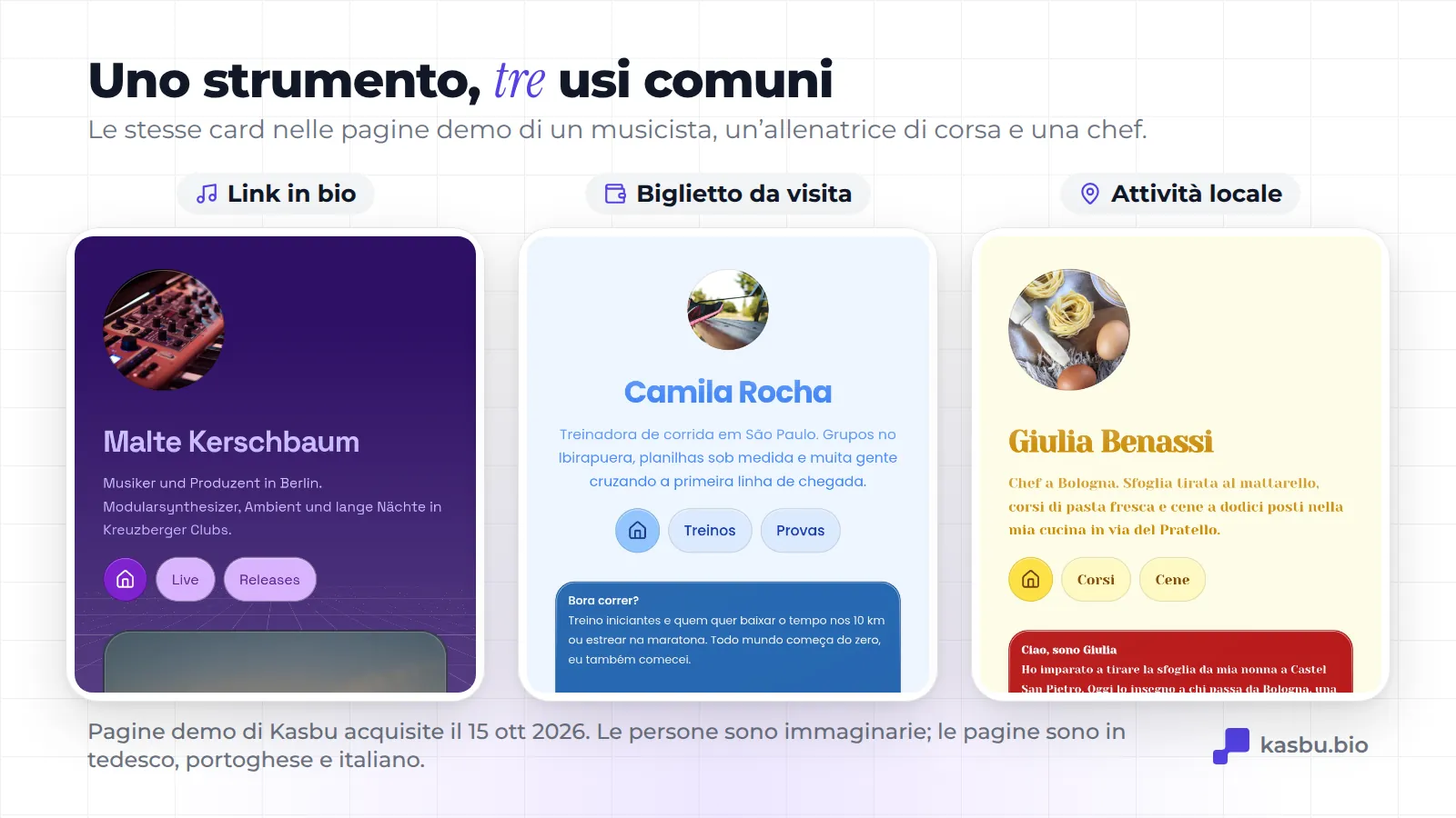Tre pagine demo Kasbu su smartphone: Malte Kerschbaum, musicista immaginario di Berlino; Camila Rocha, allenatrice di corsa immaginaria di San Paolo; Giulia Benassi, chef immaginaria di Bologna