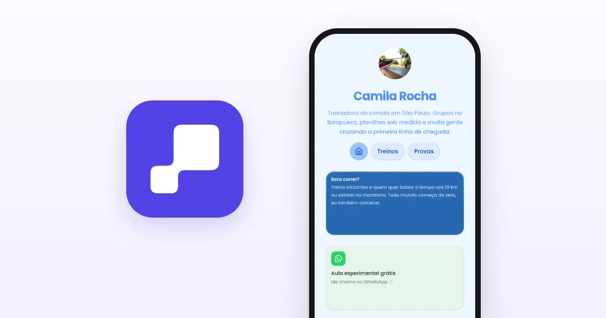 O ícone do app do Kasbu ao lado de um celular com uma página demo real do Kasbu (Camila Rocha, treinadora de corrida fictícia em São Paulo) sobre um fundo lavanda suave