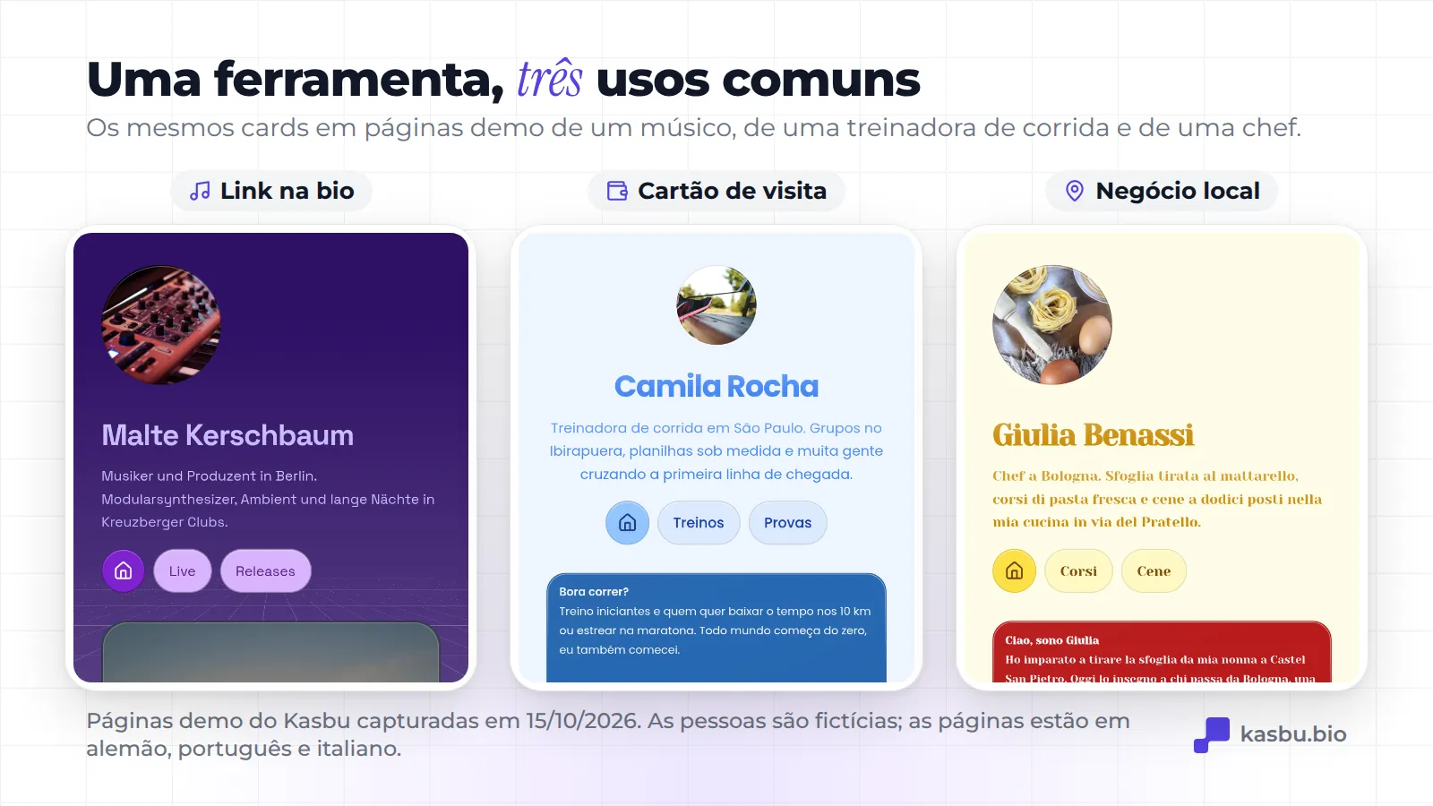 Três páginas demo do Kasbu no celular: Malte Kerschbaum, músico fictício de Berlim; Camila Rocha, treinadora de corrida fictícia em São Paulo; Giulia Benassi, chef fictícia de Bolonha
