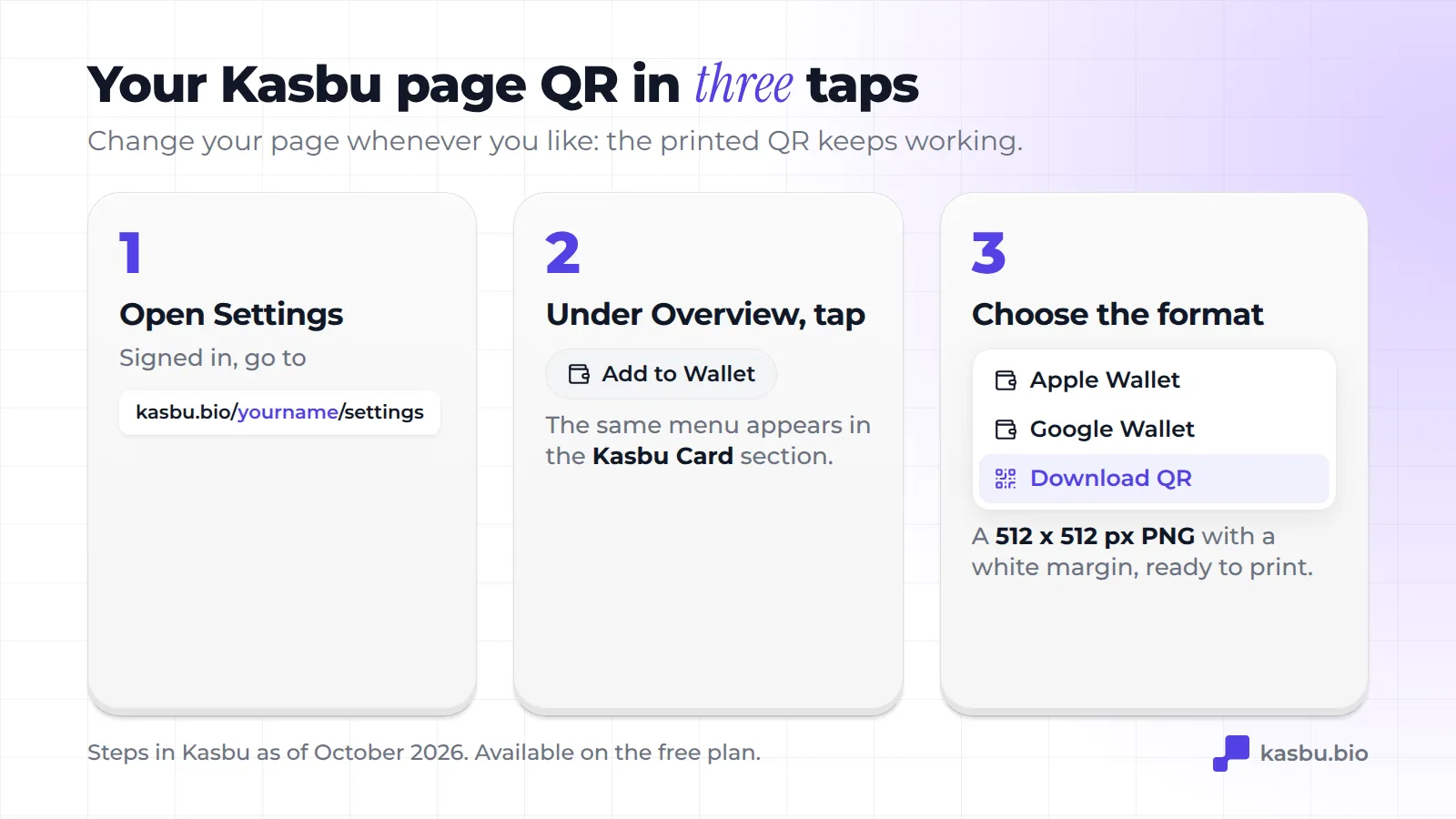 Three steps to download the QR on Kasbu: open kasbu.bio/yourname/settings, tap Add to Wallet in Overview and choose Download QR, which creates a 512 x 512 px PNG