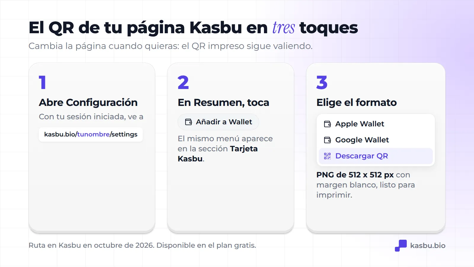 Tres pasos para descargar el QR en Kasbu: abrir kasbu.bio/tunombre/settings, tocar Añadir a Wallet en Resumen y elegir Descargar QR, que genera un PNG de 512 x 512 px