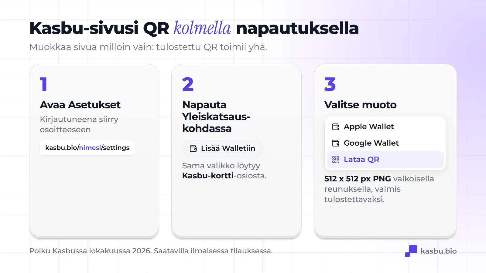 Kolme vaihetta QR-koodin lataamiseen Kasbussa: avaa kasbu.bio/nimesi/settings, napauta Yleiskatsauksessa Lisää Walletiin ja valitse Lataa QR, jolloin syntyy 512 x 512 px:n PNG-kuva