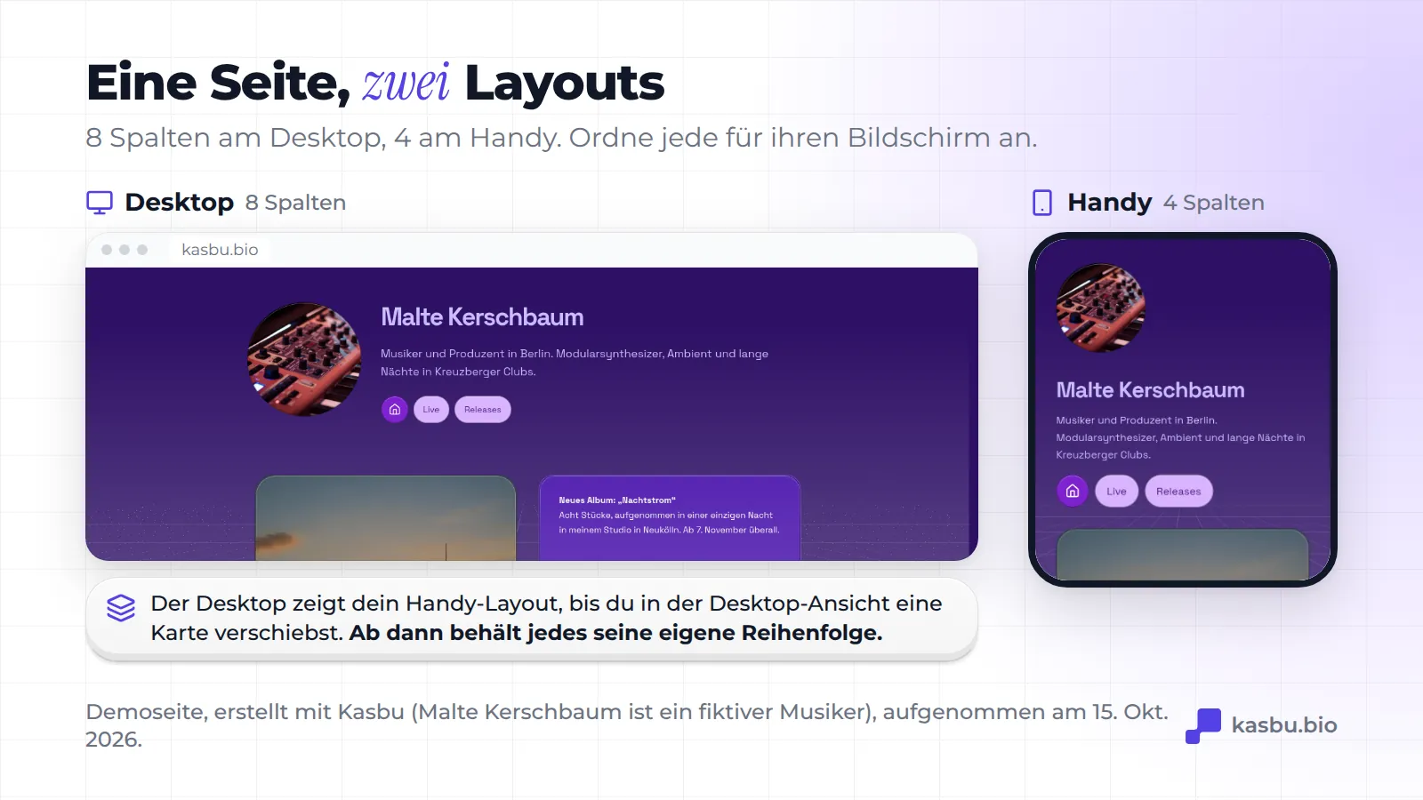 Dieselbe Kasbu-Demoseite (Malte Kerschbaum, fiktiver Musiker aus Berlin) in zwei Layouts: das 8-spaltige Grid im Desktop-Browser und das 4-spaltige auf dem Handy