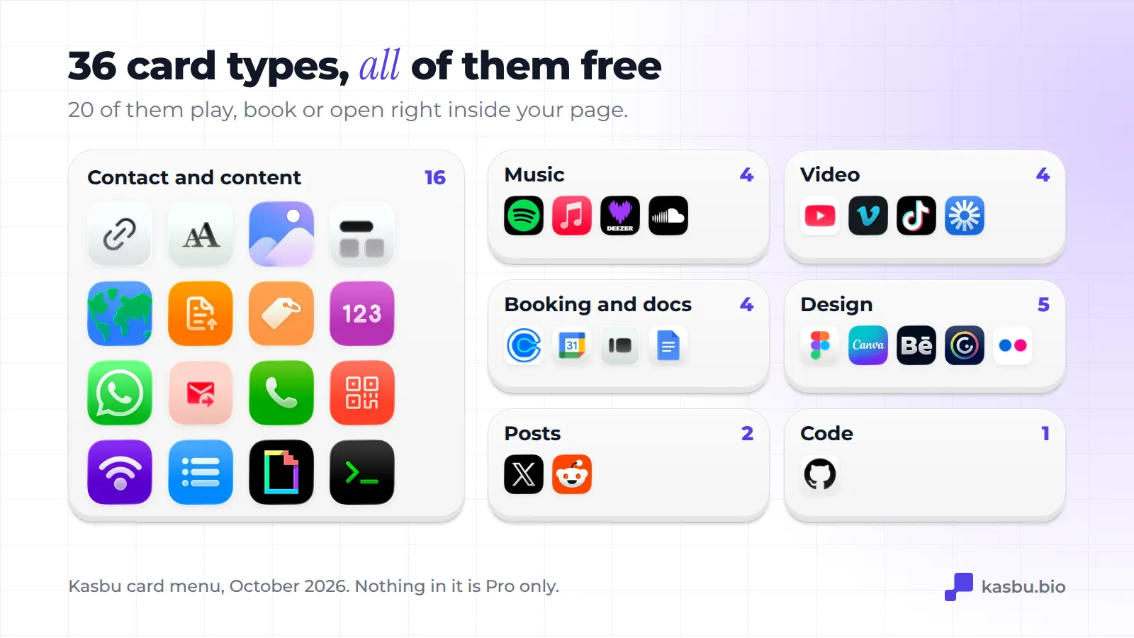 The 36 Kasbu card types grouped by use: 16 for contact and content, 4 for music, 4 for video, 4 for booking and documents, 5 for design, 2 for social posts and 1 for code