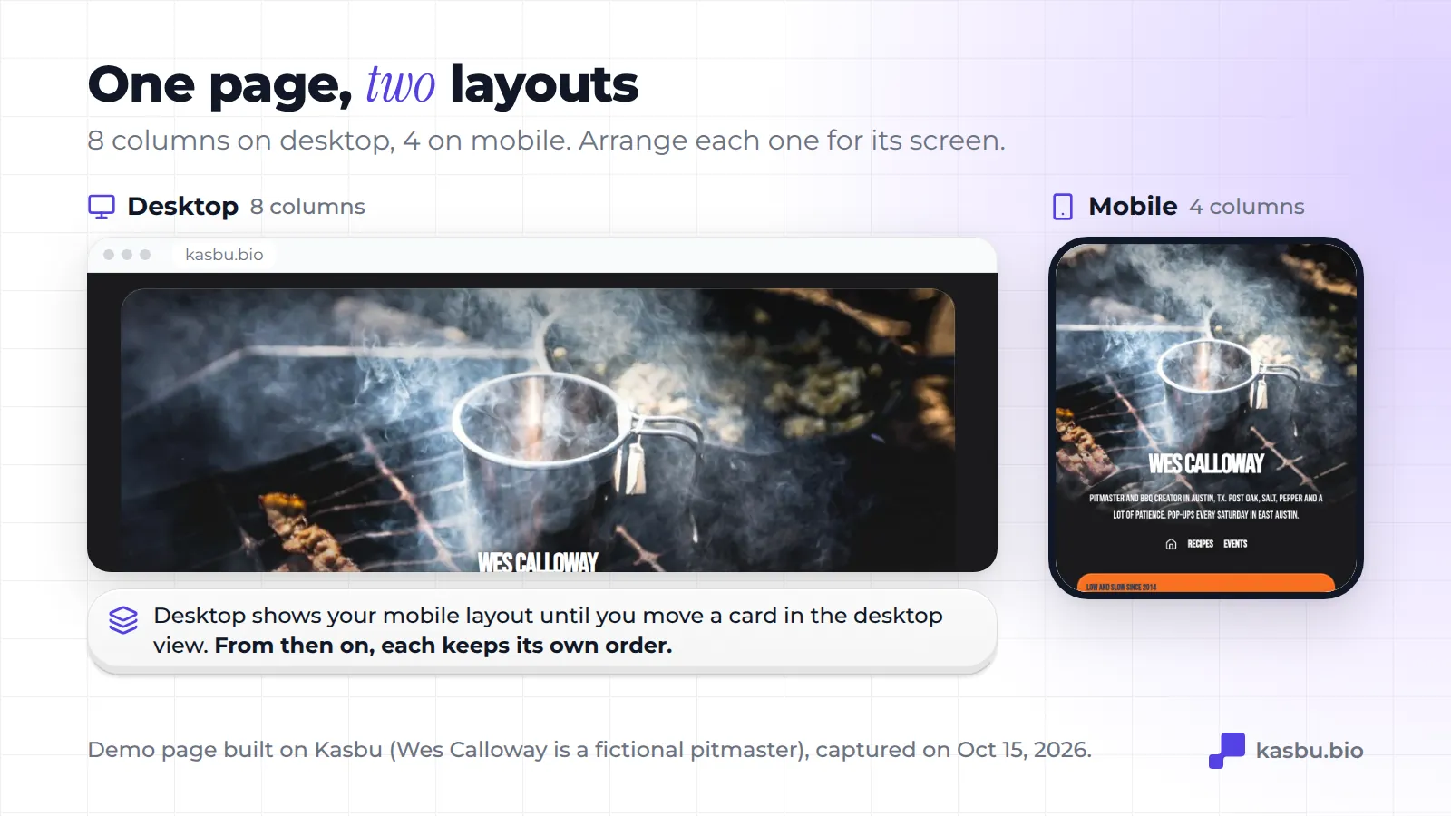 The same Kasbu demo page (Wes Calloway, a fictional BBQ pitmaster in Austin) in two layouts: the 8-column grid in a desktop browser and the 4-column grid on a phone