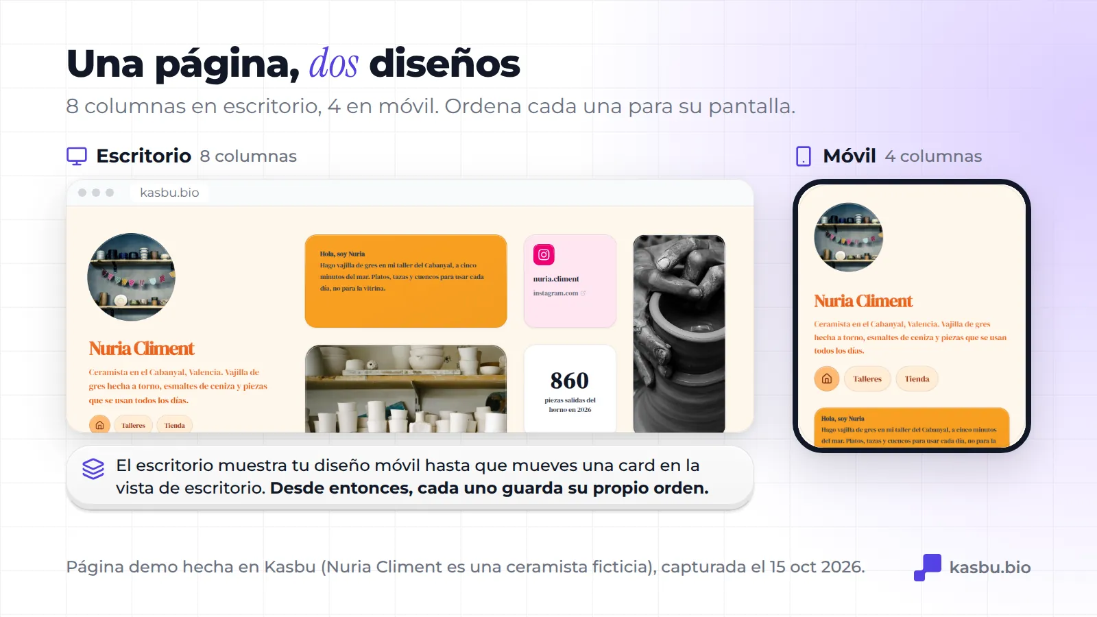 La misma página demo de Kasbu (Nuria Climent, ceramista ficticia de Valencia) en dos diseños: el grid de 8 columnas en un navegador de escritorio y el de 4 columnas en un móvil