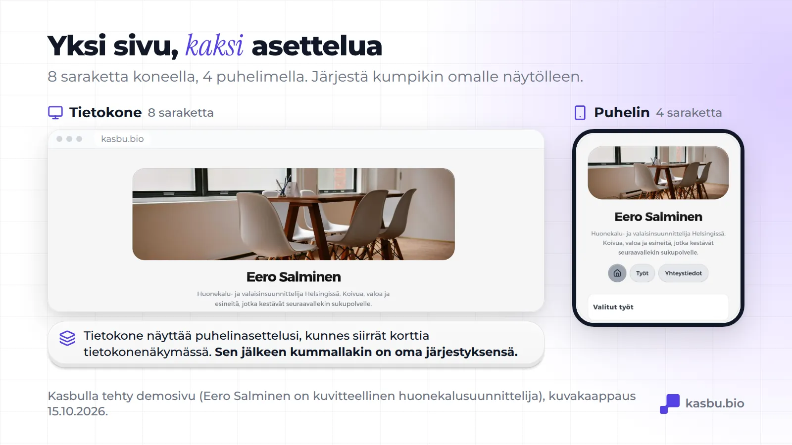 Sama Kasbu-demosivu (Eero Salminen, kuvitteellinen huonekalusuunnittelija Helsingistä) kahtena asetteluna: 8 sarakkeen ruudukko selaimessa ja 4 sarakkeen ruudukko puhelimessa