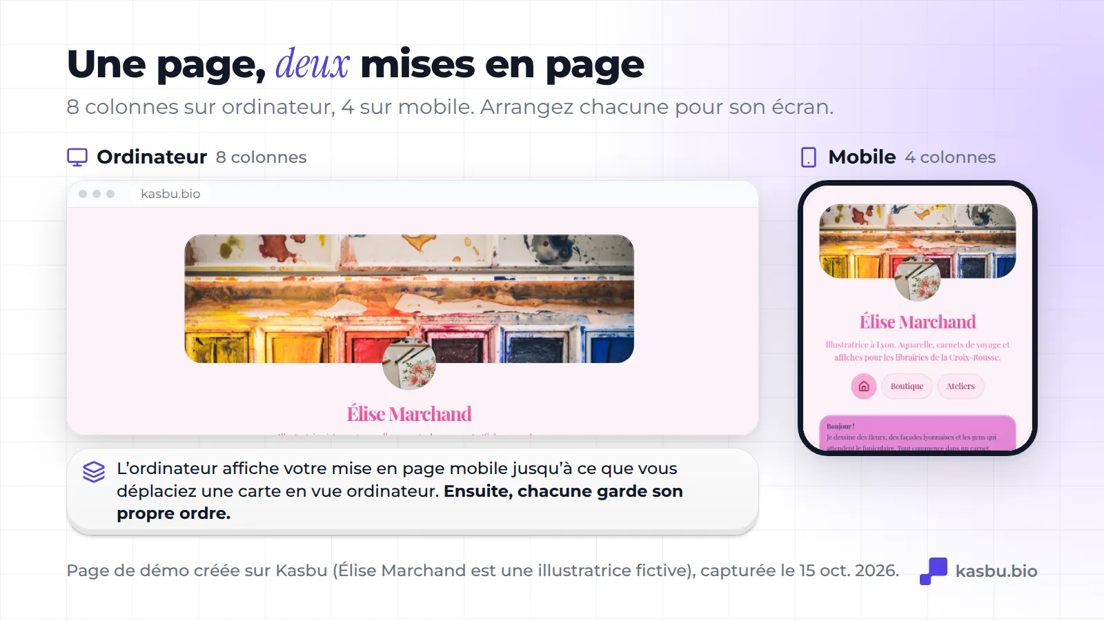 La même page de démo Kasbu (Élise Marchand, illustratrice fictive à Lyon) en deux mises en page : la grille de 8 colonnes dans un navigateur et celle de 4 colonnes sur un téléphone