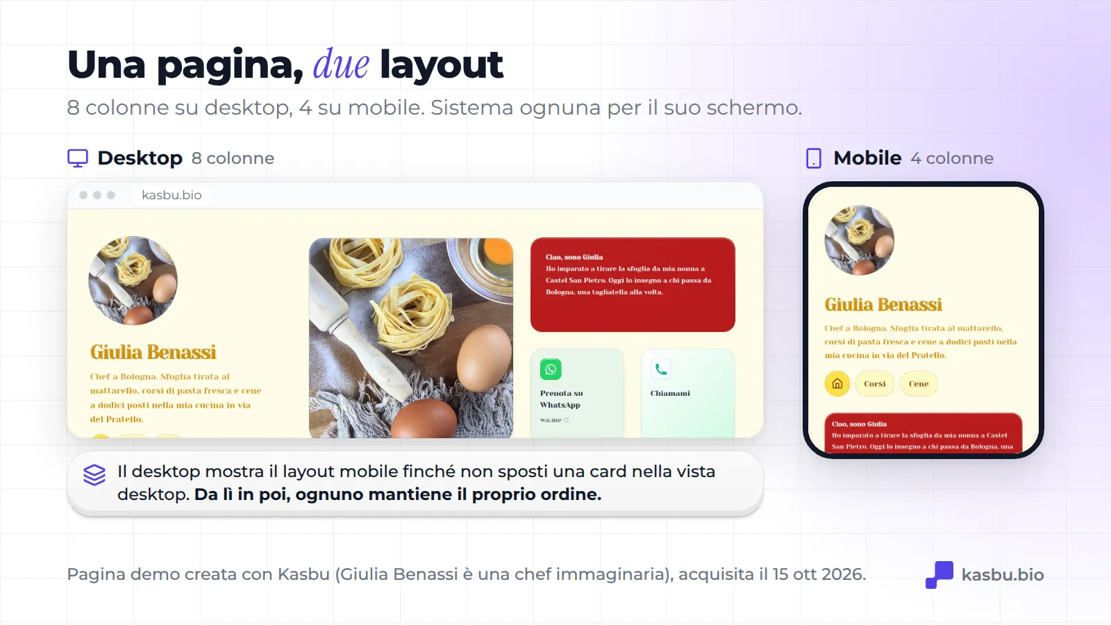 La stessa pagina demo Kasbu (Giulia Benassi, chef immaginaria a Bologna) in due layout: la griglia a 8 colonne nel browser desktop e quella a 4 colonne sullo smartphone