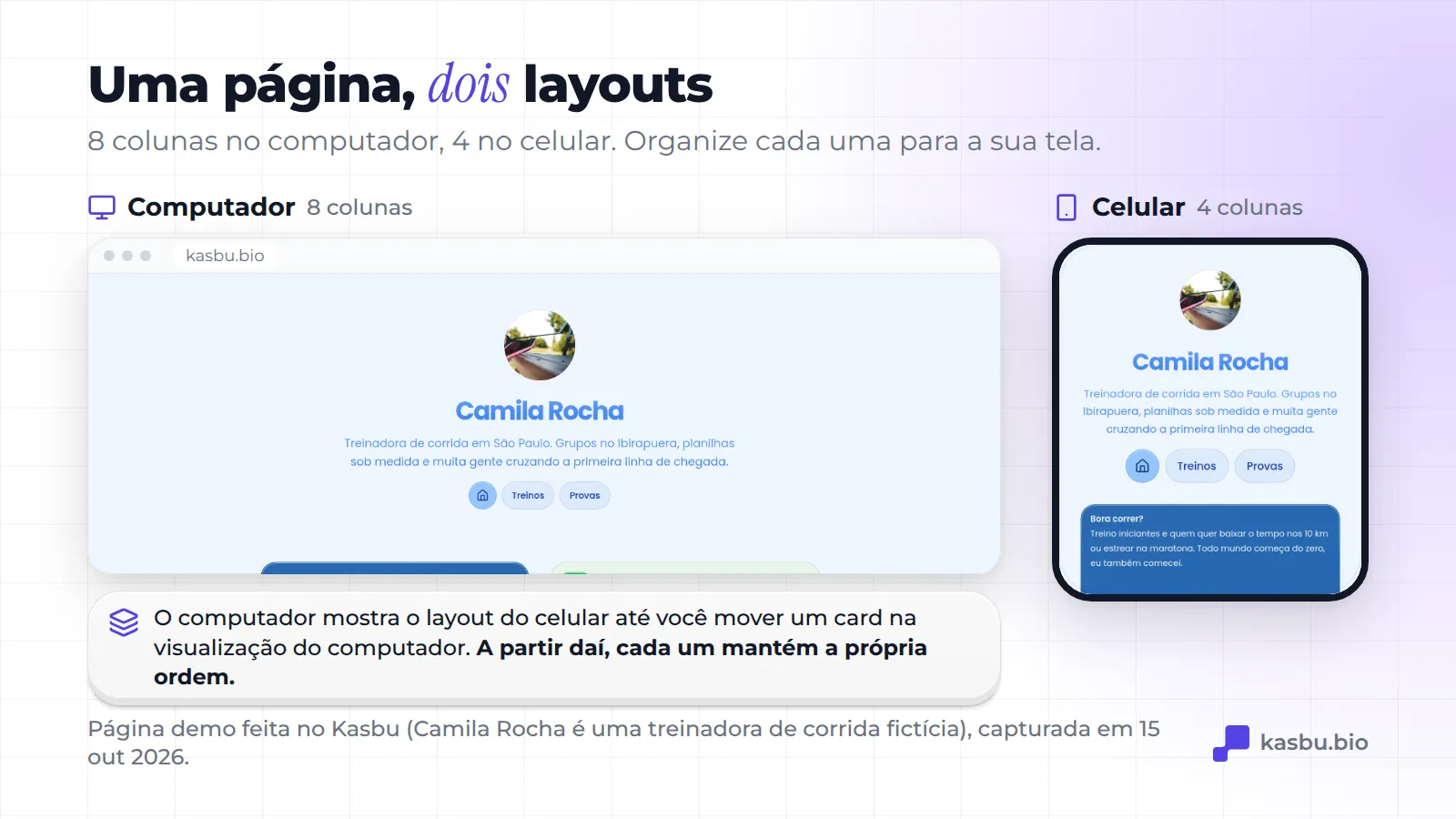 A mesma página demo do Kasbu (Camila Rocha, treinadora de corrida fictícia em São Paulo) em dois layouts: a grade de 8 colunas no navegador do computador e a de 4 colunas no celular